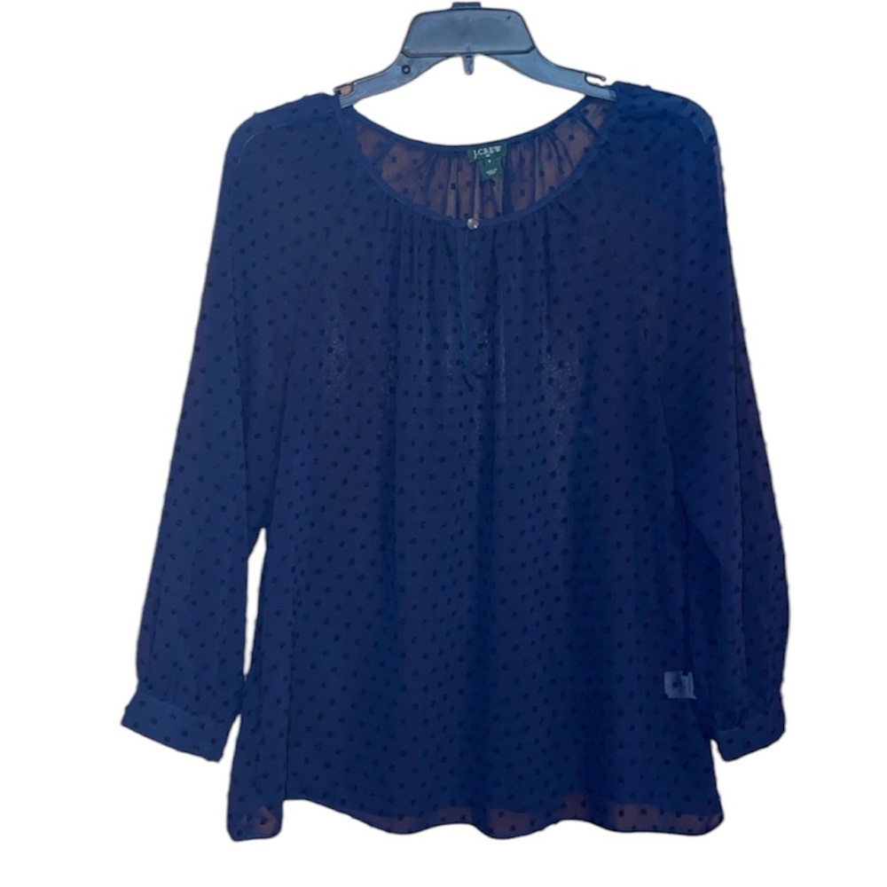 •J CREW•NWOT NAVY SWISS DOT TEXTURE SHEER KEYHOLE BUTTON CHEST BLOUSE SIZE SMALL